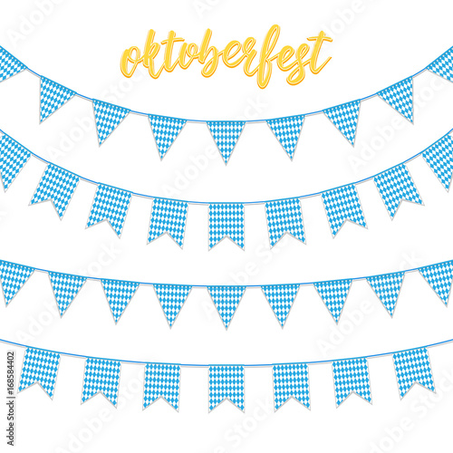 Oktoberfest decorations. Buntings for Oktoberfest. Garland buntings of Bavarian checkered blue flag, and hand lettering Oktoberfest logo.