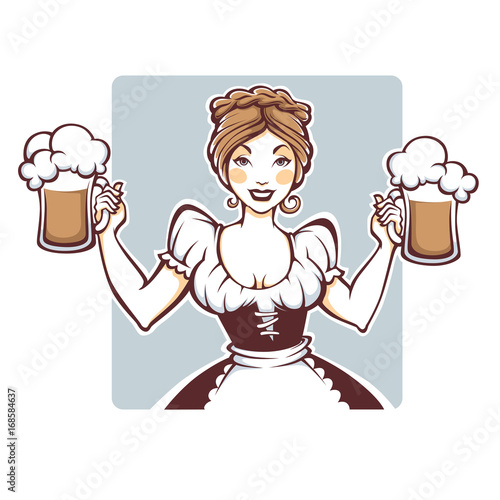 beauty and sexy vector  German girl holding a draft beer portrait, logo or emblem for your Oktoberfest menu
