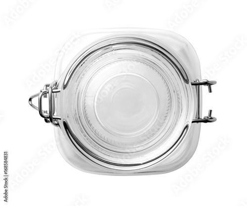 Top view of empty glass jar on a white background