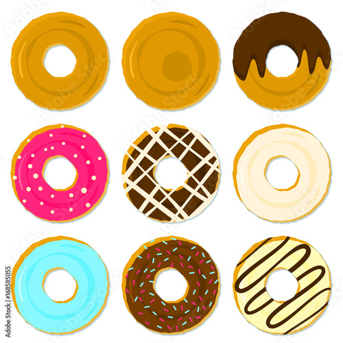 Colorful tasty fried brown donuts with different topping and strewing. Cute delicious sweet vanilla, chocolate dessert food icon for shop, bar and cafe menu design