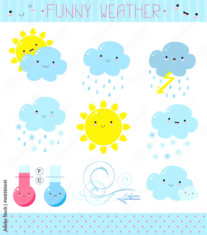 Set of a cute vector weather icons in kawaii style Set of a cute vector weather icons in kawaii style