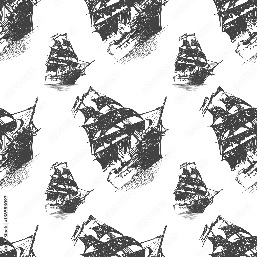 Seamless pattern with Pirate ships. hand drawn vector illustration ...