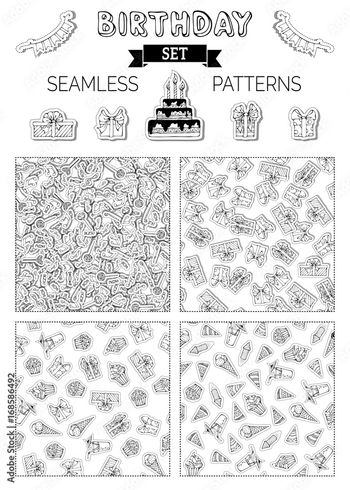 Vector set of doodles birthday seamless patterns.