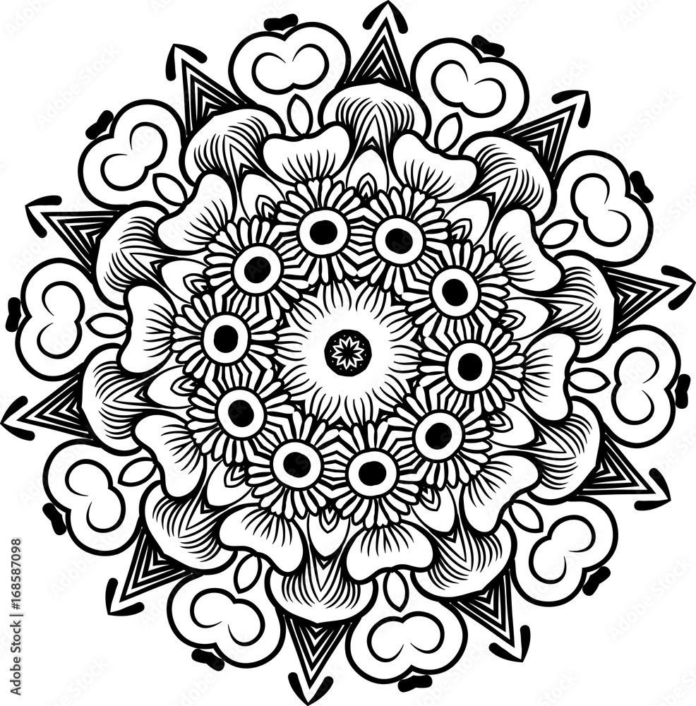 Drawing of a abstract vector with floral round lace mandala, decorative element in ethnic tribal style, black line art on a white background Drawing of a abstract vector with floral round lace mandala, decorative element in ethnic tribal style, black line art on a white background