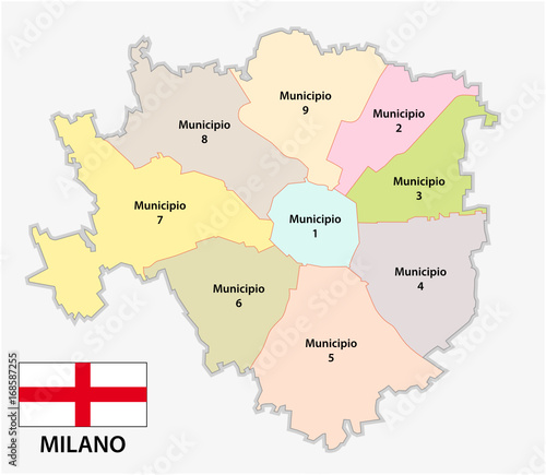 Administrative and political map of the Lombard capital Milan with flag