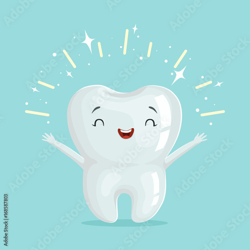 Cute healthy shiny cartoon tooth character, childrens dentistry concept vector Illustration photo