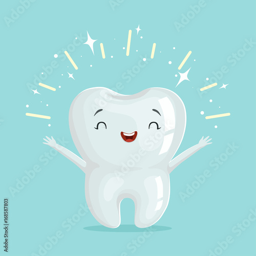 Cute healthy shiny cartoon tooth character, childrens dentistry concept vector Illustration