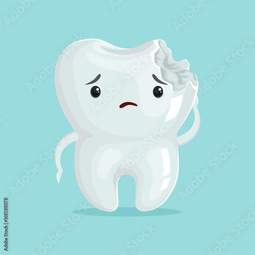 Cute sad cavity cartoon tooth character, childrens dentistry, dental care concept vector Illustration