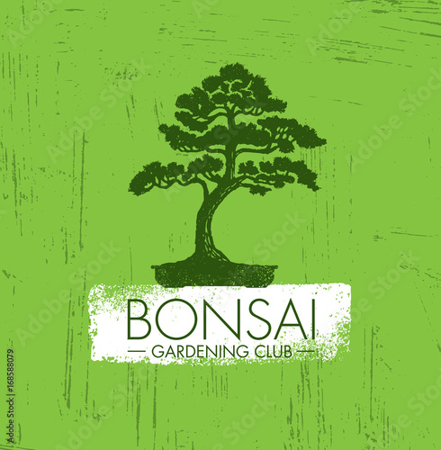 Bonsai Gardening Club Creative Vector Design Concept. Zen Tree Icon Illustration On Rough Background