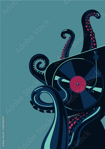Octopus tentacles with vinyl record turntable. Party poster template.