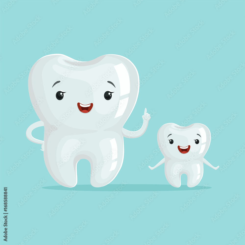 Two cute healthy white cartoon teeth characters, childrens dentistry concept vector Illustration Two cute healthy white cartoon teeth characters, childrens dentistry concept vector Illustration