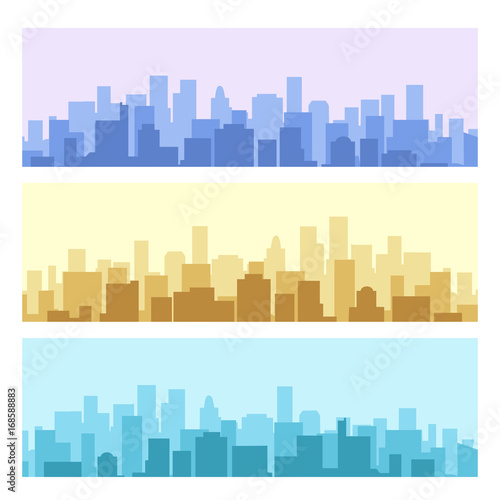 Blue and yellow daytime urban cityscape set. City landscapes or town construction vector backgrounds