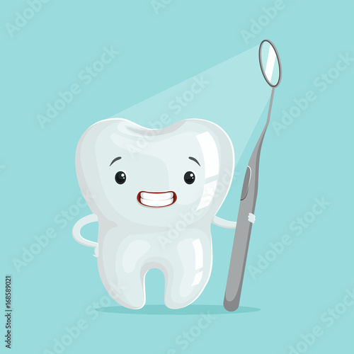 Cute cartoon tooth character with dental tool, childrens dentistry concept vector Illustration