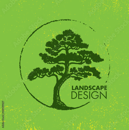 Landscape Design Eco Organic Tree Sign Rough Vector Design Element On Grunge Background.