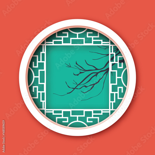 Paper cut Chinese traditional window. Origami round frame. Cherry branch. Vector