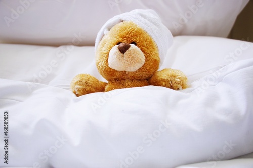 Lonely bear is in bed