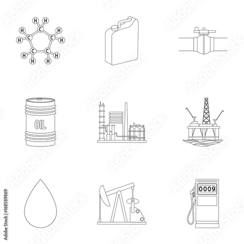 Oil rig, pump and other equipment for oil recovery, processing and storage.Oil set collection icons in outline style vector symbol stock illustration web.