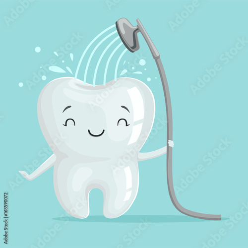 Cute smiling healthy white cartoon tooth character taking a shower, oral dental hygiene, childrens dentistry concept vector Illustration