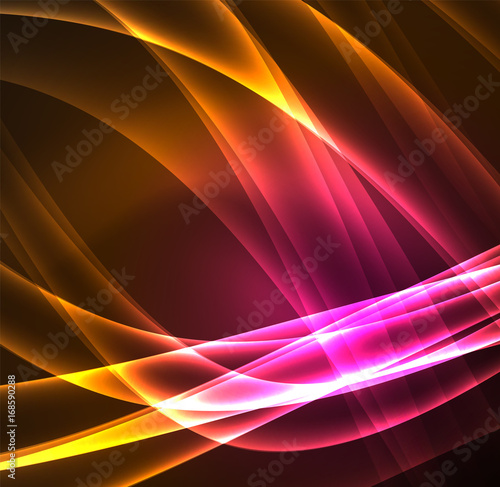 Energy lines, glowing waves in the dark, vector abstract background
