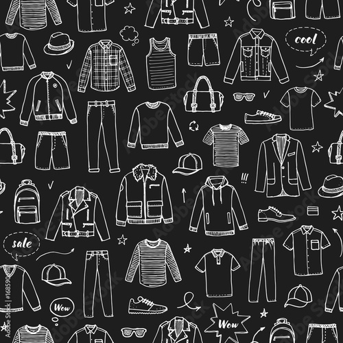 Men's Clothing and accessories. Chalk drawing style. Hand drawn seamless pattern