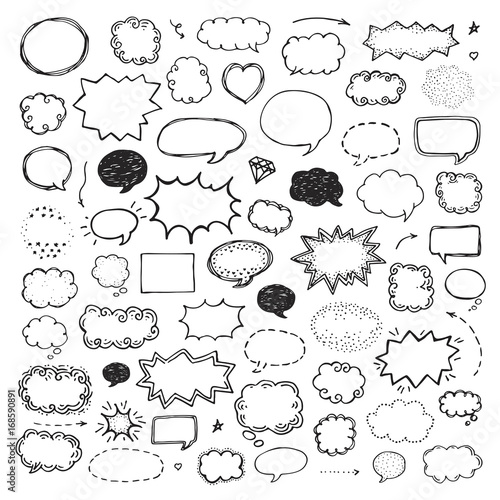 Hand drawn set of speech bubbles on white background