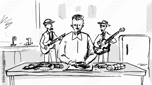 Man preparing dinner in the kitchen and another men playing the guitar Vector sketch for storyboard, cartoon, projects