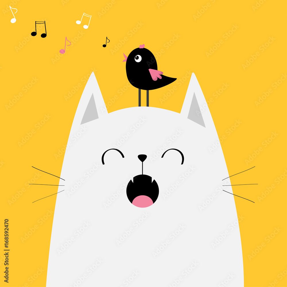 White cat face silhouette Bird on head. Meowing singing song. Music note  flying. Cute cartoon funny character. Kawaii animal. Baby card. Pet  collection. Flat design. Yellow background. Isolated. Stock Vector | Adobe