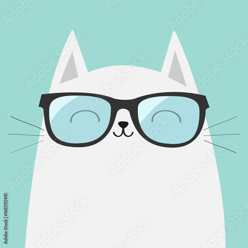 White cat wearing sunglasses eyeglasses. Smiling face. Blue lenses. Cute cartoon funny character. Adorable kitten in eyeglasses. Fashion animal. Baby background. Isolated. Flat design photo