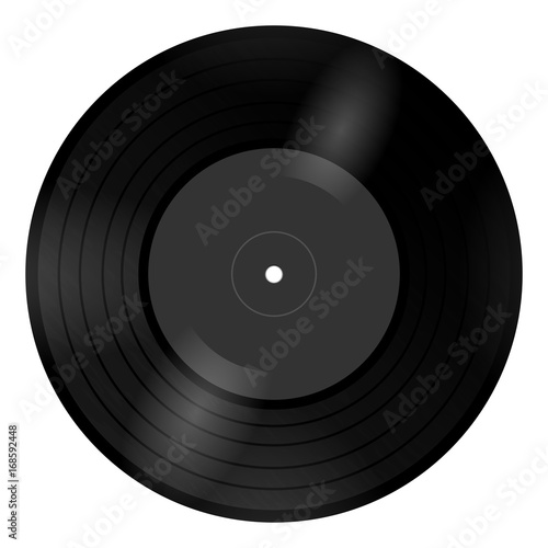 New gramophone vinyl record with red label. Black musical long play album disc 33 rpm. old technology, realistic retro design, vector art image illustration, isolated on white background