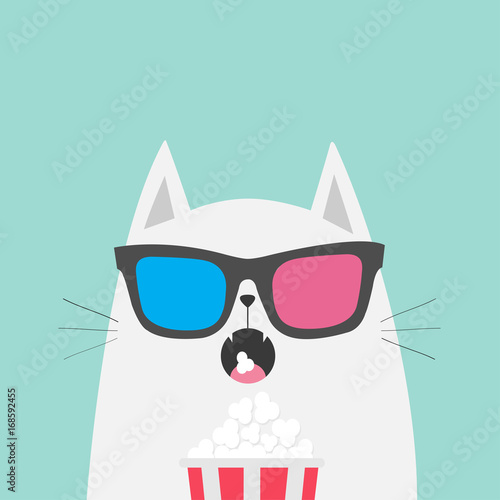 White cat eating popcorn. Cinema theater. Cute cartoon funny character. Film show. Kitten watching movie in 3D glasses. Blue background. Isolated. Flat design photo