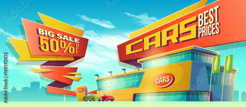 Vector cartoon illustration, banner with car sale on blue background with city silhouette. A great advertising poster of sales, a special offer for the car dealership
