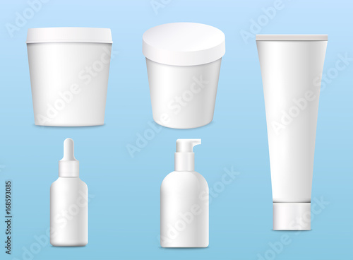 Mockup of realistic 3d cosmetics products for your design, on a background cartoon leaf. Vector illustration.