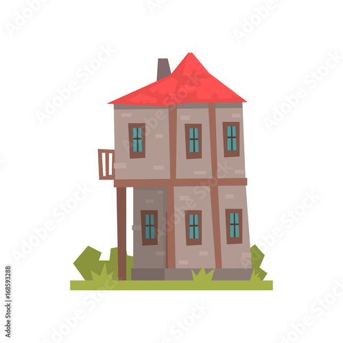 Old two storey house with red roof, retro architecture building vector Illustration