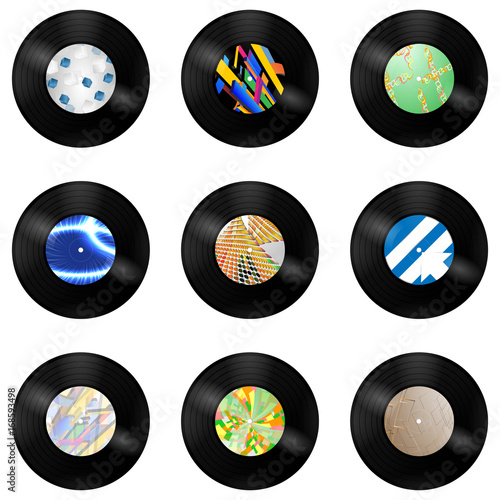 New gramophone vinyl record with red label. Black musical long play album disc 33 rpm. old technology, realistic retro design, vector art image illustration, isolated on white background
