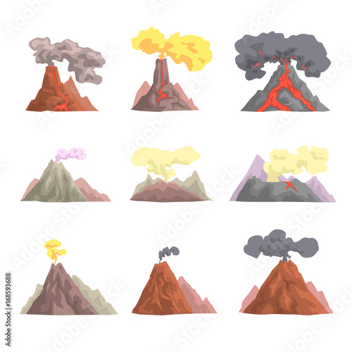 Volcano eruption set, volcanic magma blowing up, lava flowing down cartoon vector Illustrations