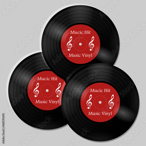 New gramophone vinyl record with red label. Black musical long play album disc 33 rpm. old technology, realistic retro design, vector art image illustration, isolated on white background