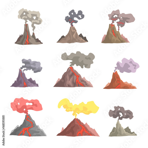Volcano eruption set, volcanic magma blowing up, lava flowing down cartoon vector Illustrations