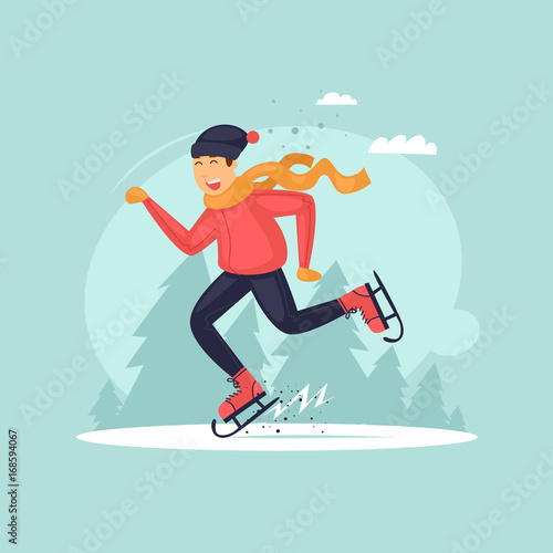 Boy skates, winter, sports. Flat design vector illustration.