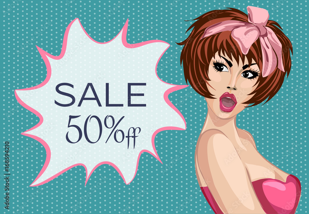 Pop art comic style surprised woman with sale speech bubble, pin up girl portrait, vector illustration Pop art comic style surprised woman with sale speech bubble, pin up girl portrait, vector illustration