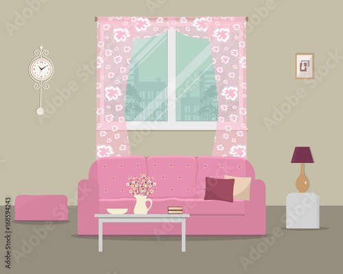 Living room with a pink sofa and pillows. There is furniture on a window background in the picture. There is also a clock on the wall. Vector flat illustration.