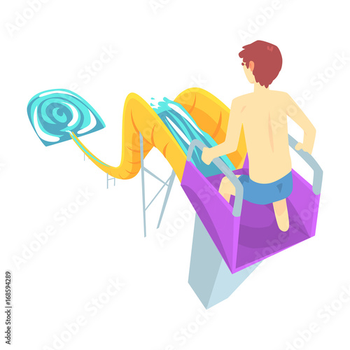 Young man riding down a water slide at the aquapark in summer vacation cartoon vector Illustration