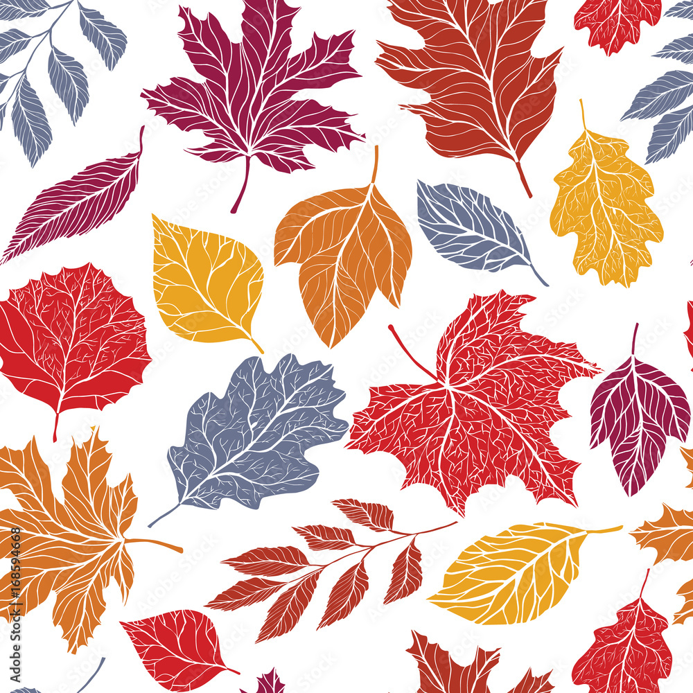 Seamless autumn pattern with colorful leaves  of different trees for your creativity. Hand drawn vector illustration