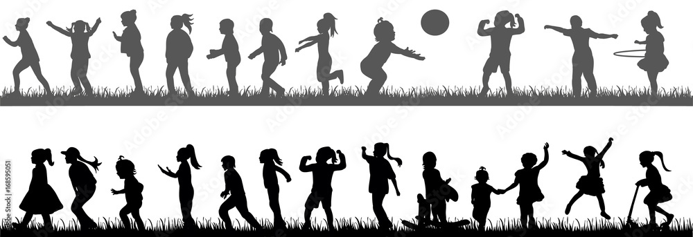 collection of silhouettes of children, childhood, play