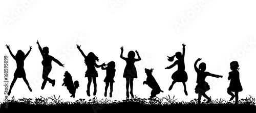 Vector, isolated silhouette of children jumping with dog