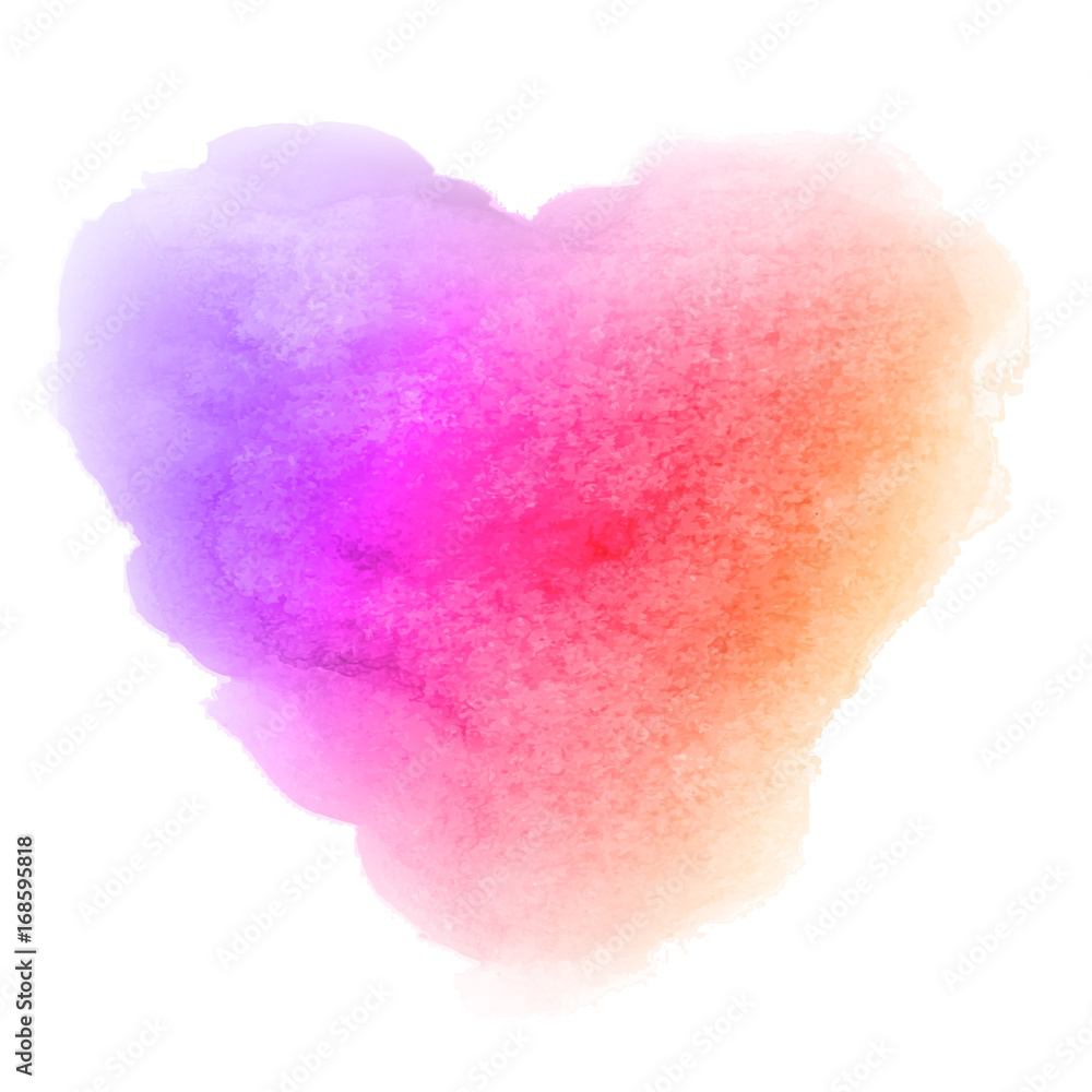Watercolor gradient violet pink orange hand drawn paper texture isolated heart shaped stain on white background for valentines day. Abstract aquarelle vector illustration. Wet brush romantic painting.