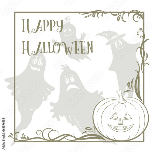 Background for Holiday Halloween Design, Cartoon Ghosts Silhouettes and Pumpkin Jack O Lantern Contours. Vector