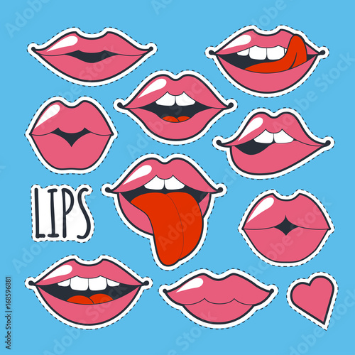 Set glamorous quirky icons. illustration for fashion design. Bright pink makeup kiss mark. Passionate lips in cartoon style of the 80 s and 90 s isolated on blue background.