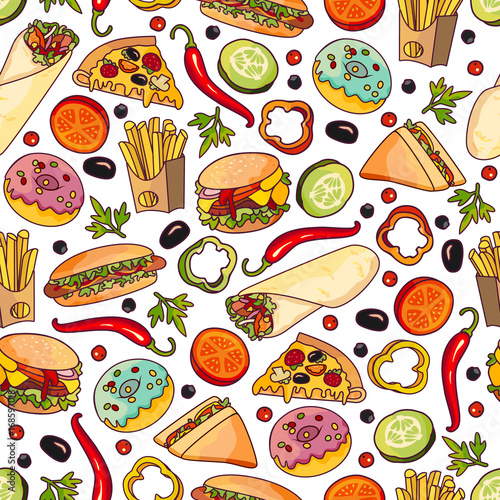Vector fast food seamless pattern. burger pizza slice, roll doner kebab potato fry sandwich donut vegetables objects. Fast food flat cartoon isolated illustration on a white background.