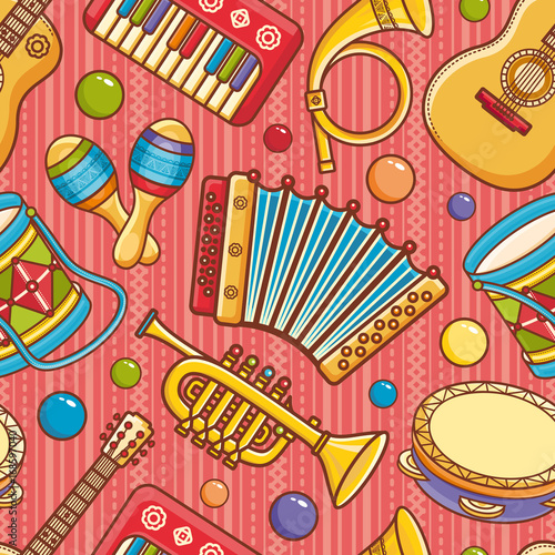 Musical instrument seamless pattern. Cartoon style