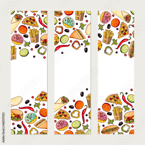 Vector fast food banner template set. burger pizza slice, roll doner kebab potato fry sandwich donut. flat cartoon isolated illustration on a white background. Mixed objects, free space for your text